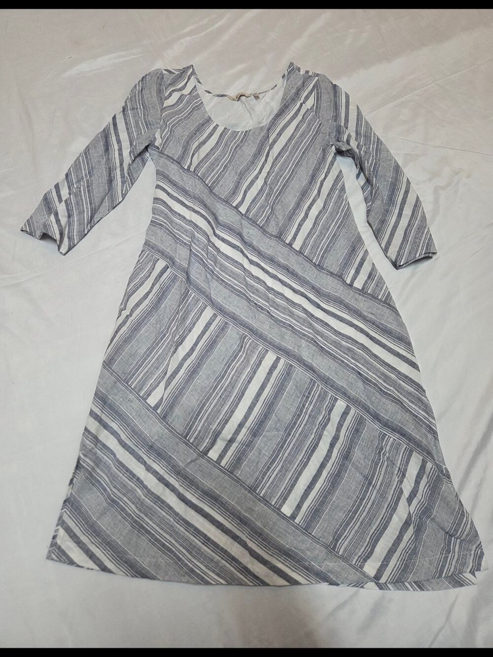 Soft Surroundings Gray and White Striped A-Line Long Sleeve Dress